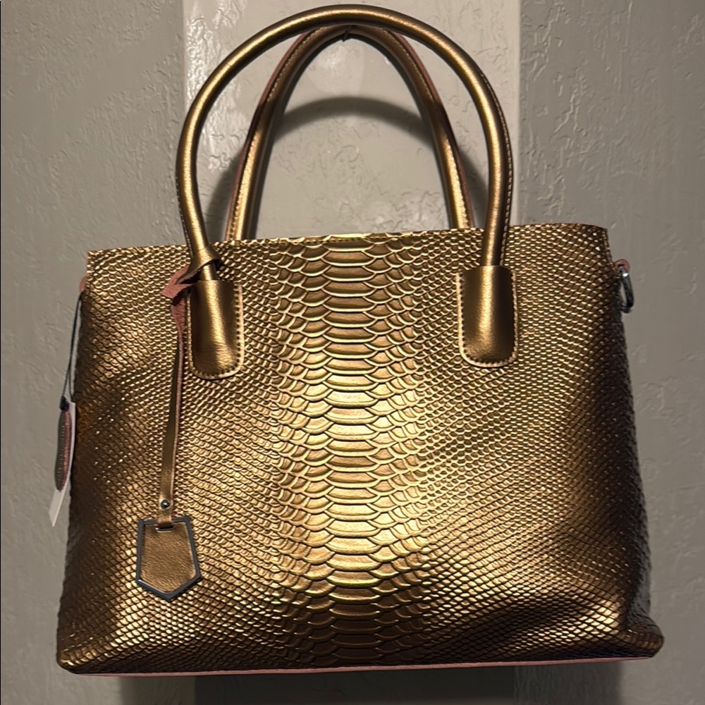 Metallic Gold Snakeskin Tote with Structured Shape and Curved Handles